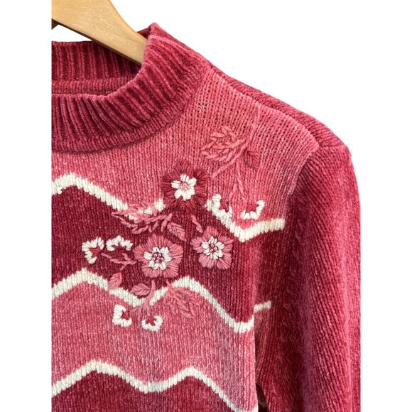 Vintage Pink Retro Chenille Mock Neck Sweater Embroidered Flowers Large Cottage - Picture 3 of 6